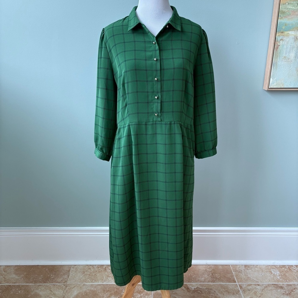 DownEast Modest Green Windowpane  Check Academia Coquette Shirt Dress Sz L